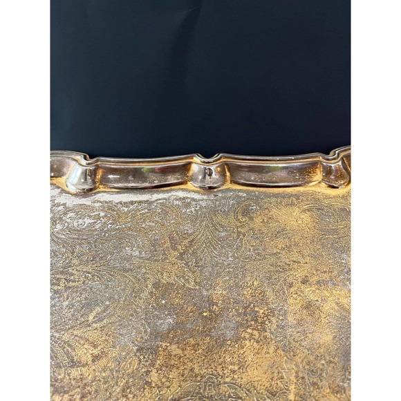 Vintage Gold Plate Butler Tray Relief Embossed Four Ornate Feet 23x13x2 Inches - Picture 7 of 11